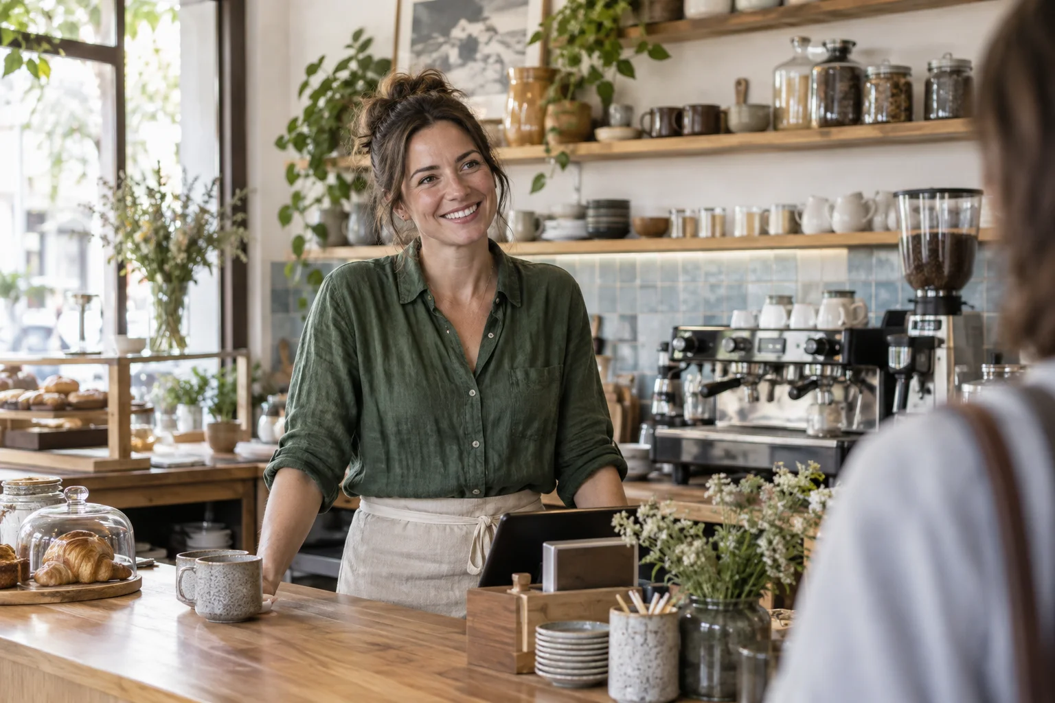 Independent café owner welcoming a customer