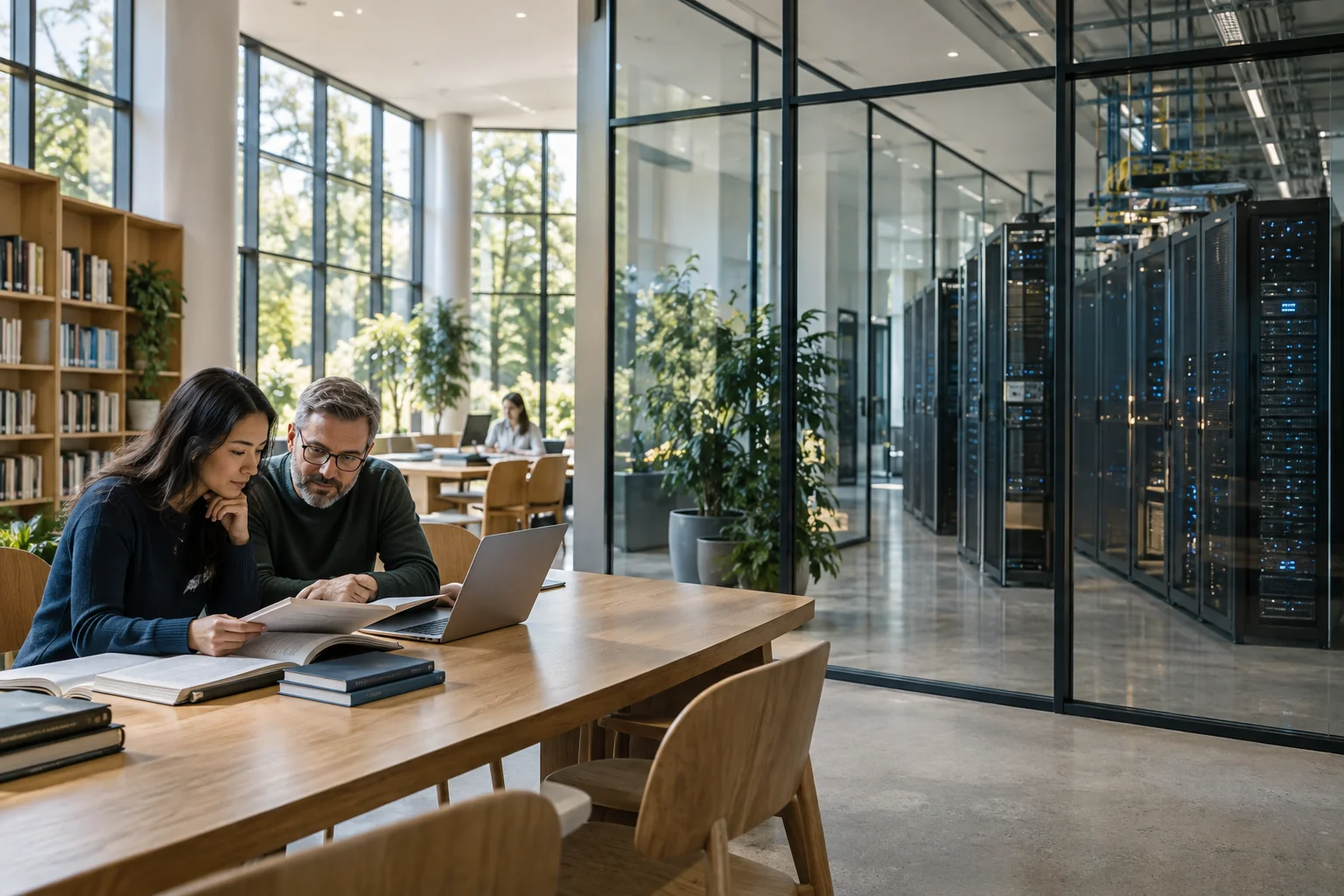 Researchers reviewing information in a library beside a glass-enclosed server gallery, illustrating responsible AI data access.